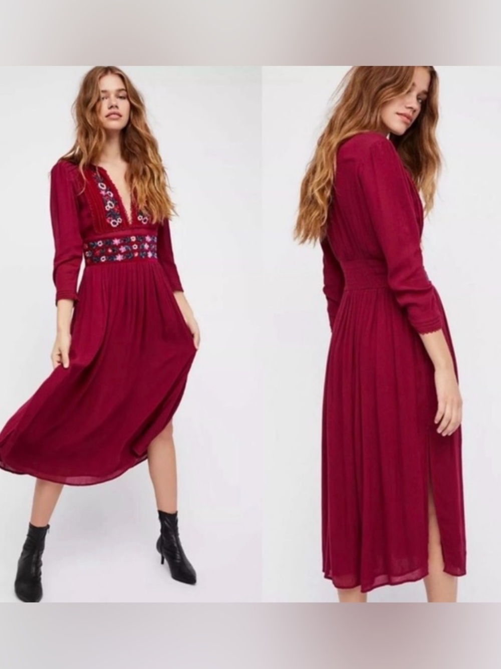 Free people has pockets velvet Embroidered Waist Midi Dress mulberry high slits